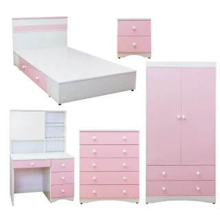 【南亞塑鋼】貝妮3.5尺粉色房間6件組(床頭片+抽屜床+床頭櫃+斗櫃+化妝台+衣櫃)