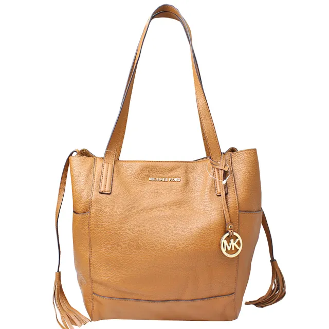 【Michael Kors】金色LOGO飾牌皮革流蘇 真皮肩背托特包(大款/駝色)（其他規格）