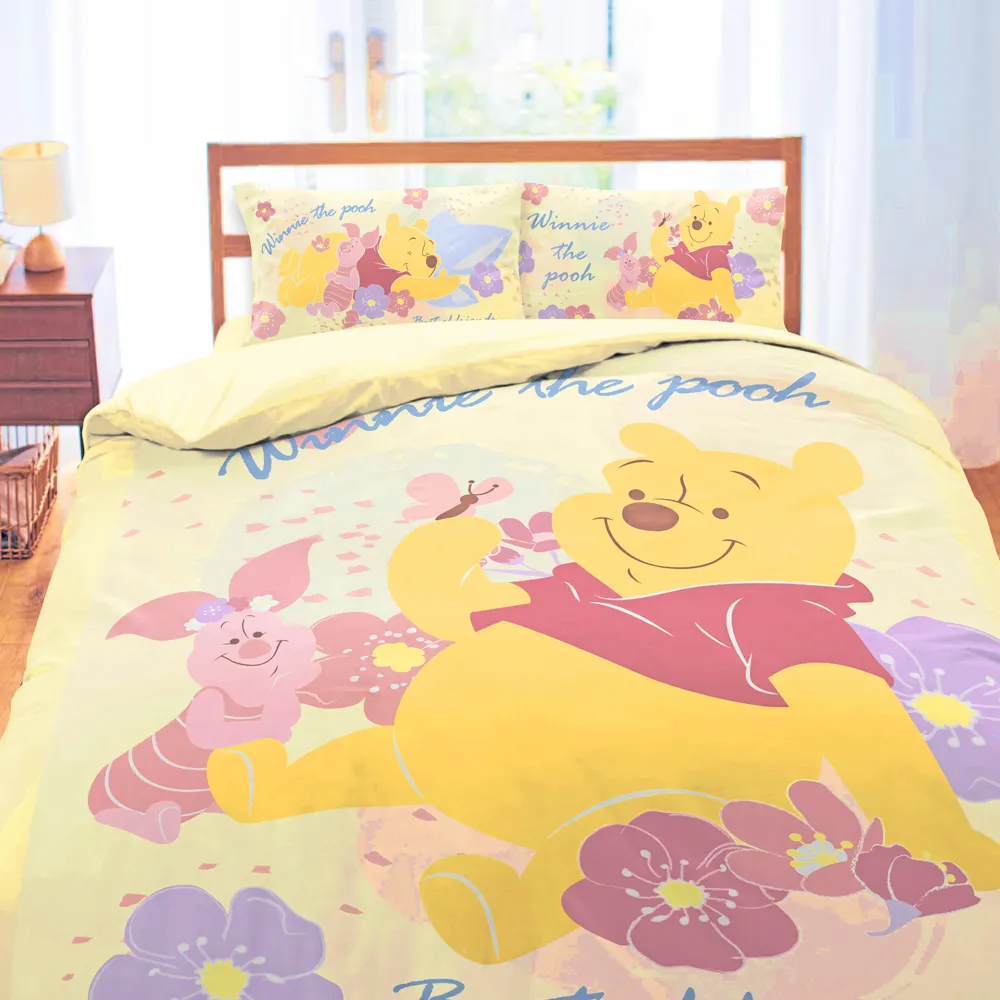 【享夢城堡】雙人床包兩用被套四件組(迪士尼小熊維尼Pooh 迪士尼粉紅季-米黃.粉)