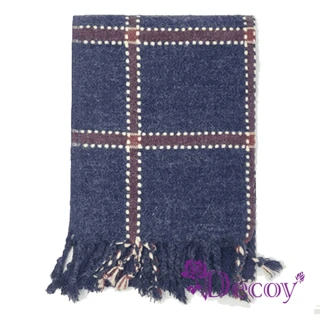 【Decoy】刺繡方格＊中性仿羊絨保暖流蘇圍巾/藍