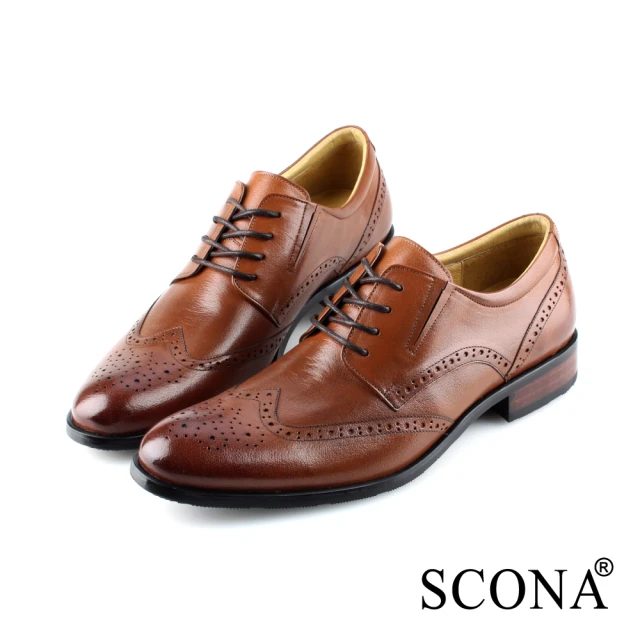 【SCONA 蘇格南】全真皮 都會雕花免拆綁帶紳士鞋(棕色 0859-2)