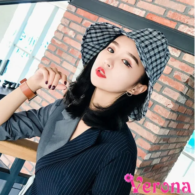 【Verona】日韓經典百搭格紋可摺疊棉質防曬遮陽帽漁夫帽