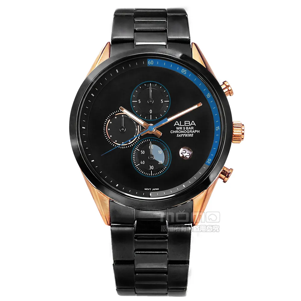 【ALBA】情人限定款 藍寶石水晶玻璃 三眼計時 日期 不鏽鋼手錶 黑x玫瑰金框 43mm(VD57-X135KS.AM3594X1)