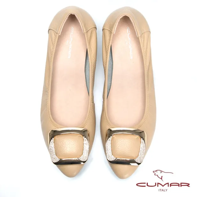 【CUMAR】舒適真皮 水鑽金屬裝飾平底包鞋(杏色)