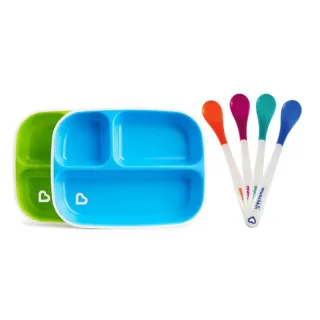 【美國munchkin滿趣健】防滑三格餐盤2入+感溫安全湯匙4入