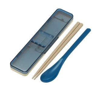 【日系簡約】復古風 環保筷子+湯匙組 透明蓋 18CM-藍(日本製境內版)