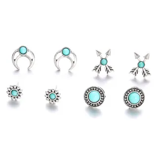 【RJNEWYORK】歐美波西米亞復古圖騰耳環4對套組(白金色)