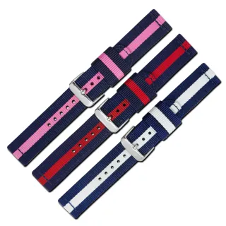 【Watchband】各品牌通用時尚指標休閒尼龍帆布錶帶(藍白/藍紅/藍粉)