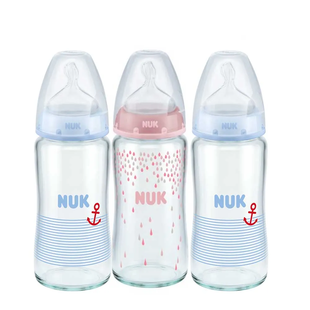 【NUK】寬口徑彩色玻璃奶瓶240ml-3入組-附2號中圓洞矽膠奶嘴(顏色隨機出貨)