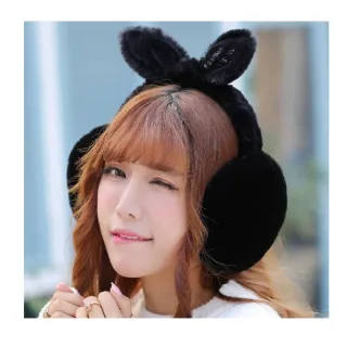 【zidood】韓風 絨毛兔耳朵耳罩-黑色(雜誌款 保暖耳罩 聖誕裝扮禮物)