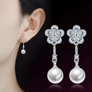 【Emi 艾迷】韓系925銀針優雅氣質鋯石花瓣珍珠垂墜耳環