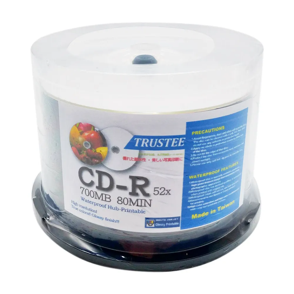 【超防水滿版可印】台灣製造 TRUSTEE printable CD-R 52X超亮面相片可列印空白燒錄片(100片)