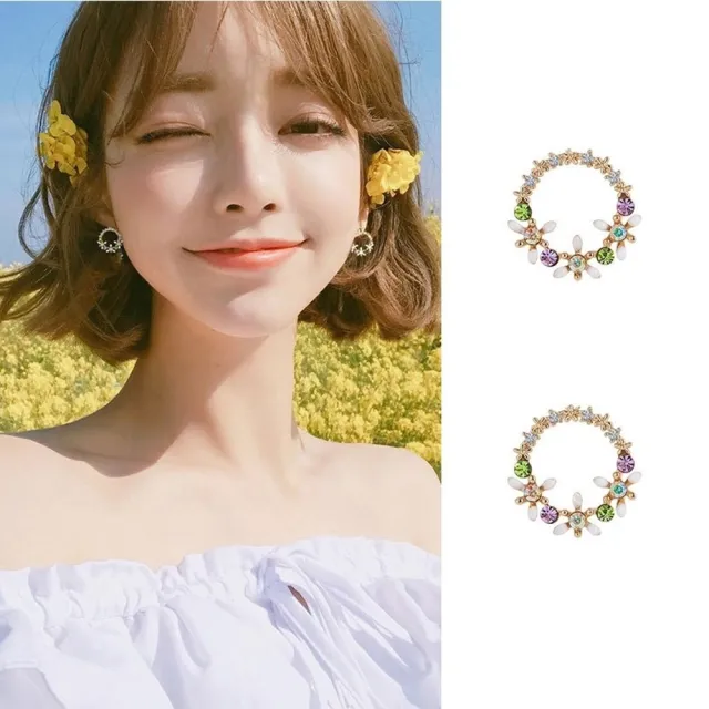 【Emi 艾迷】韓系 925銀針 繽紛花園甜美鋯石微鑲 花圈 花環 耳環