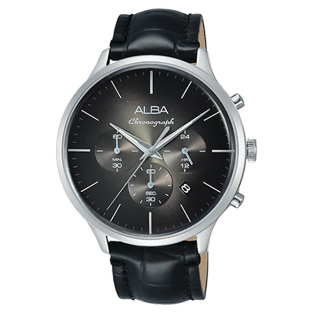 【ALBA】送禮首選 三眼計時男錶 皮革錶帶 黑 防水100米  日期顯示 分段時間(AT3B43X1)