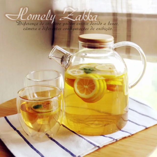 【Homely Zakka】午茶食光茶濾短嘴竹蓋玻璃壺/花果茶壼 1800ml(加贈雙層玻璃60ml小茶杯2入組)