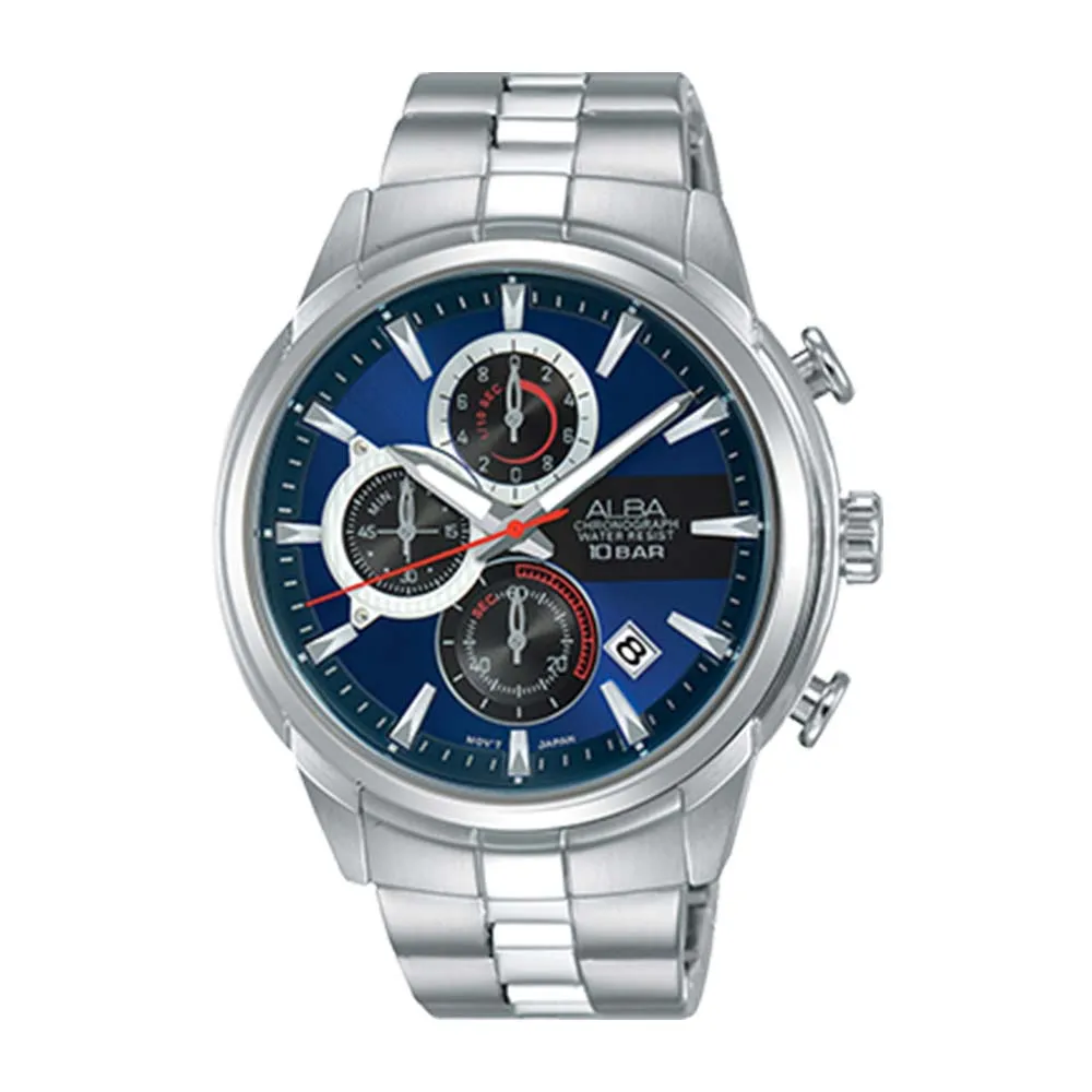 【ALBA】送禮首選 三眼計時男錶 不鏽鋼錶帶 藍 防水100米 日期顯示 分段時間(AM3511X1)