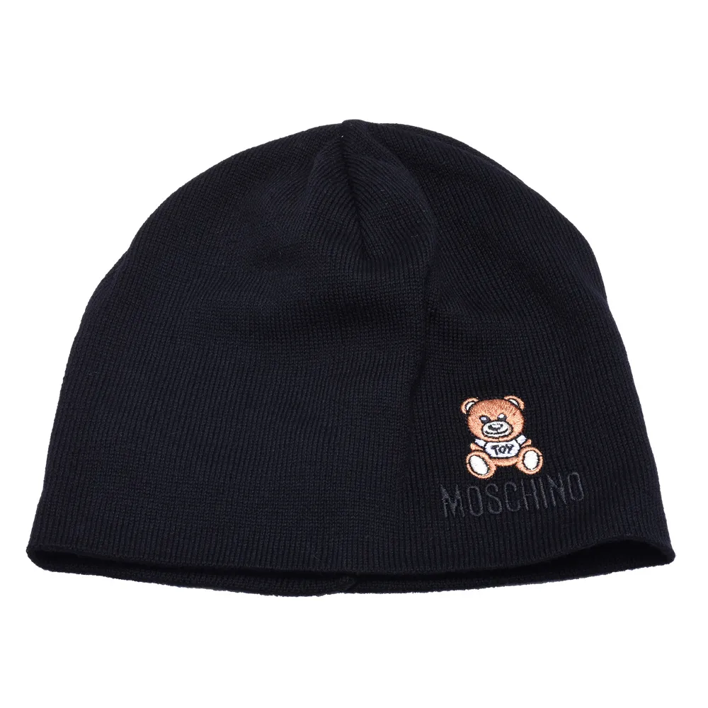 【MOSCHINO】經典品牌字母泰迪熊刺繡圖案針織毛帽(黑色65032 M1679-003)