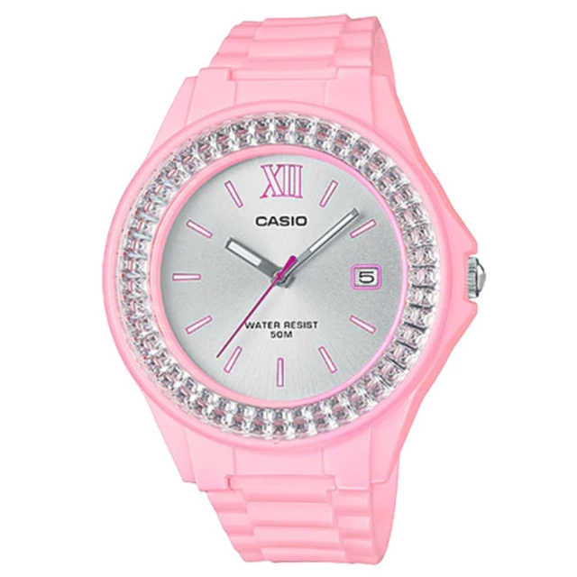 【CASIO 卡西歐】水鑽指針女錶 樹脂錶帶 銀色錶面 防水50米 日期顯示(LX-500H-4E4)
