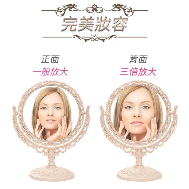 【幸福揚邑】歐式麥稈化妝鏡旋轉放大雙面桌鏡(圓形米)