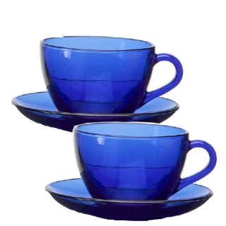 【SYG 台玻】藍色玻璃咖啡杯盤組235cc(二套組)