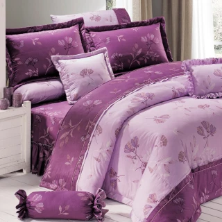 【Green  綠的寢飾】精梳棉植物花卉六件式兩用被床罩組靜待花開紫(雙人)