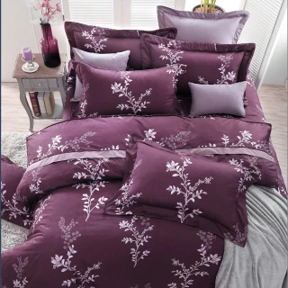 【Green  綠的寢飾】精梳棉植物花卉六件式兩用被床罩組繁葉雅緻紫(雙人)