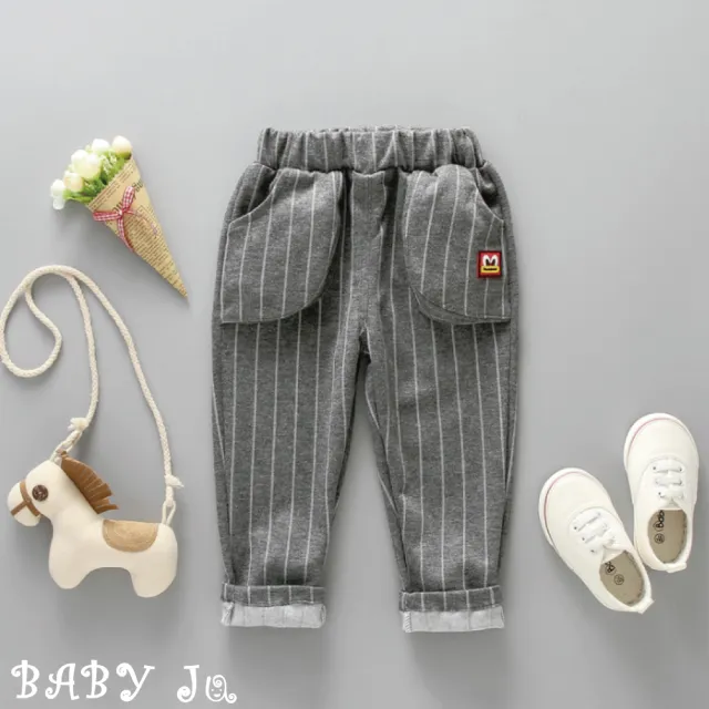 【BABY Ju 寶貝啾】口袋款可愛條紋長褲(灰色 / 藍色)