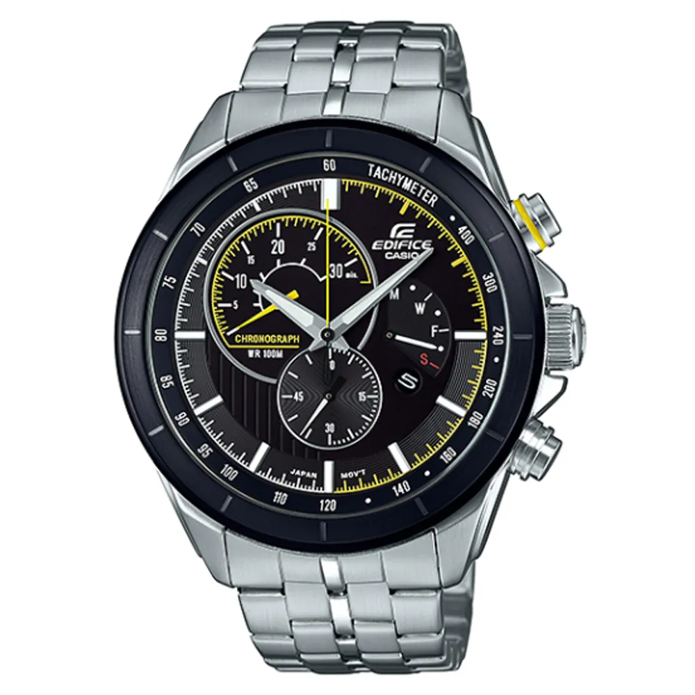 【CASIO 卡西歐】EDIFICE 活潑趣味三眼三針碼錶計時不鏽鋼腕錶-黑X黃(EFR-561DB-1A)