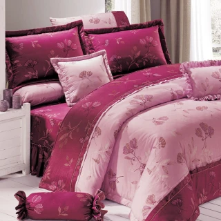 【Green  綠的寢飾】精梳棉植物花卉六件式兩用被床罩組靜待花開紅(雙人)