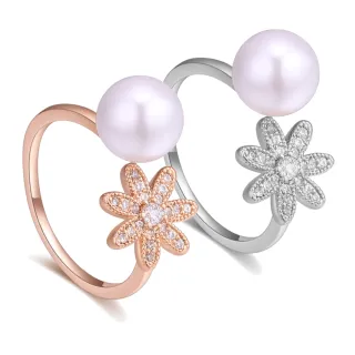 【I.Dear Jewelry】幸運佳人-韓國東大門珍珠花朵鑲鑽精美開口戒指(2色)