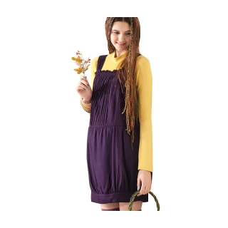 【Gennies 奇妮】可愛小花苞褶飾吊帶洋裝(紫G2401)