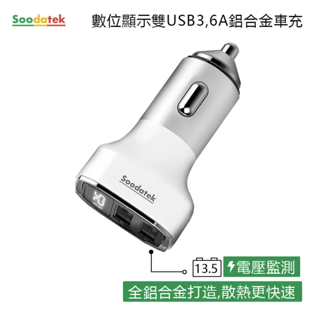 【Soodatek】數位顯示雙孔USB3.1A車充SCU2-AL531WH