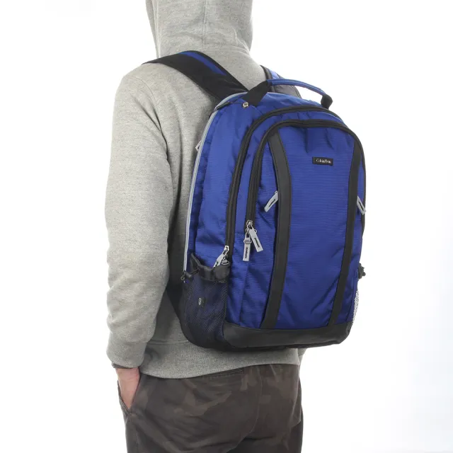 【Calvin Klein】CK機能型雙拉鍊尼龍後背包(藍色)