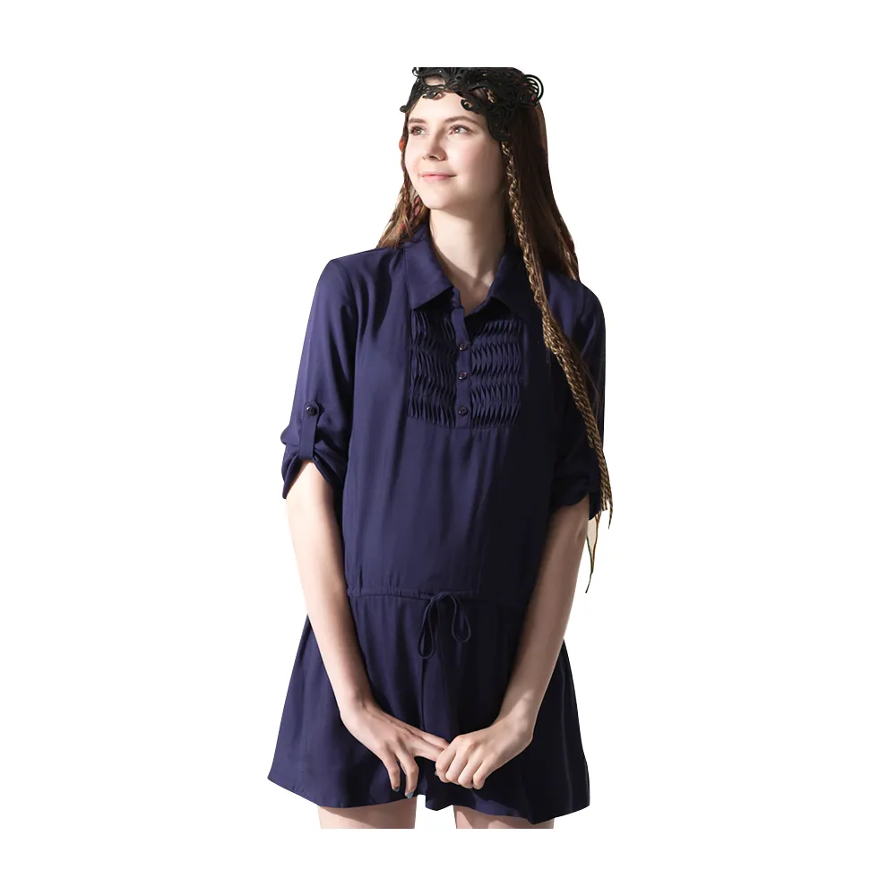 【Gennies 奇妮】襯衫式抽繩綁帶七分袖長版上衣(紫G3412)