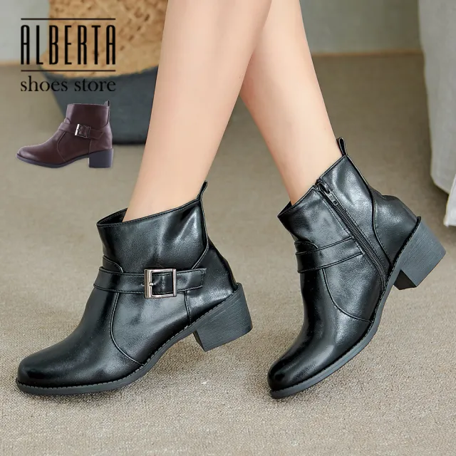 【Alberta】靴子-MIT台灣製 跟高4.5CM 扣環造型 側拉鍊 簡約中性純色 低筒靴 短靴