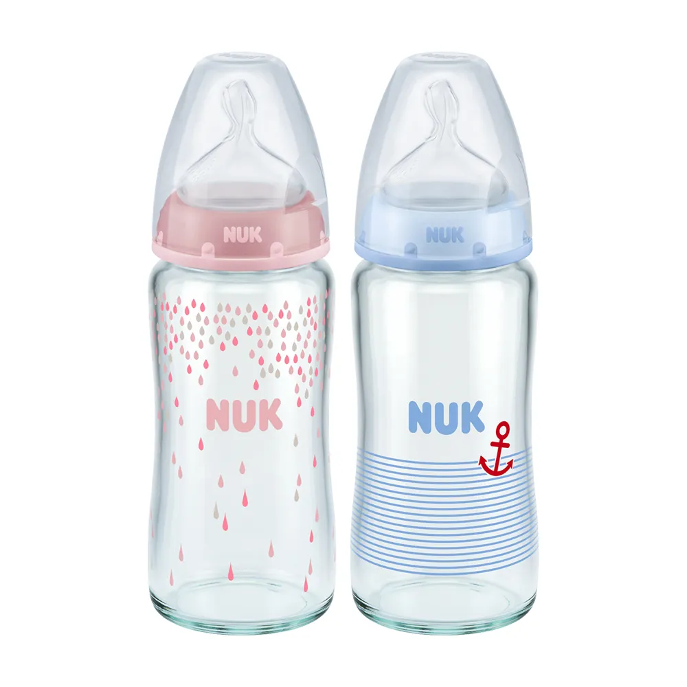 【NUK 官方直營】寬口徑彩色玻璃奶瓶240ml-附1號中圓洞矽膠奶嘴0m+(適合0-6個月)