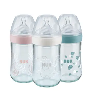 【NUK 官方直營】自然母感玻璃奶瓶240ml-附1號中圓洞矽膠奶嘴0m+(顏色隨機出貨)