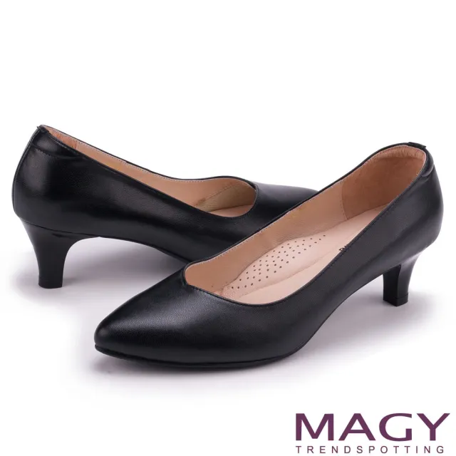【MAGY】簡約OL通勤款 大女人素雅羊皮尖頭中跟鞋(黑色)