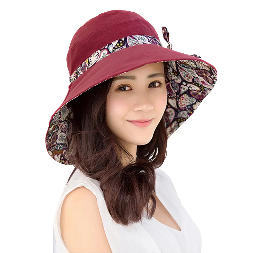 【幸福揚邑】愛心紋大帽檐抗UV防紫外線雙面配戴可摺疊遮陽帽(酒紅)