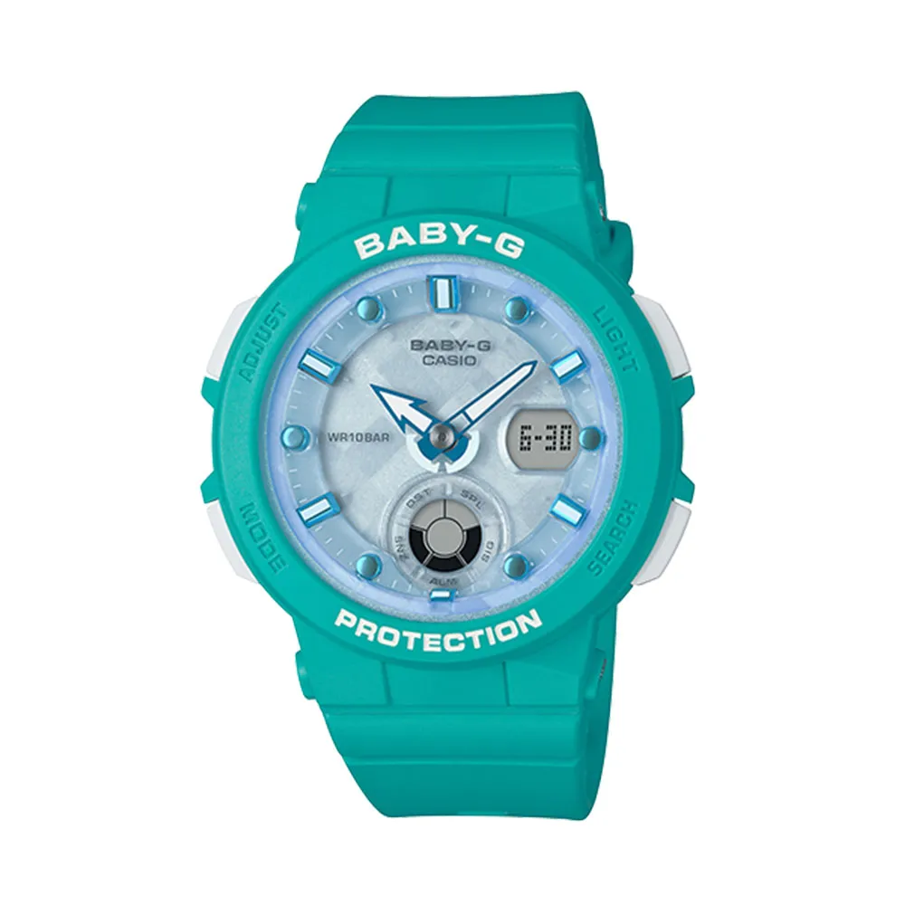 【CASIO 卡西歐】海洋風情雙顯女錶 樹脂錶帶 水藍色錶面 防水100米 世界時間(BGA-250-2A)