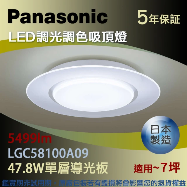 【Panasonic 國際牌】LED調光調色吸頂燈 47.8W單層導光板(LGC58100A09)