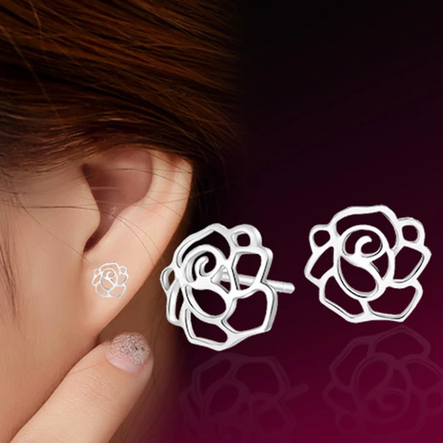 【I.Dear Jewelry】花物語-韓國簍空玫瑰造型銀色耳針耳環(花物語)