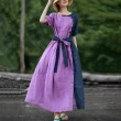 【ACheter】民族風棉麻連身裙文藝復古個性拼接短袖長裙洋裝#119054(紫)