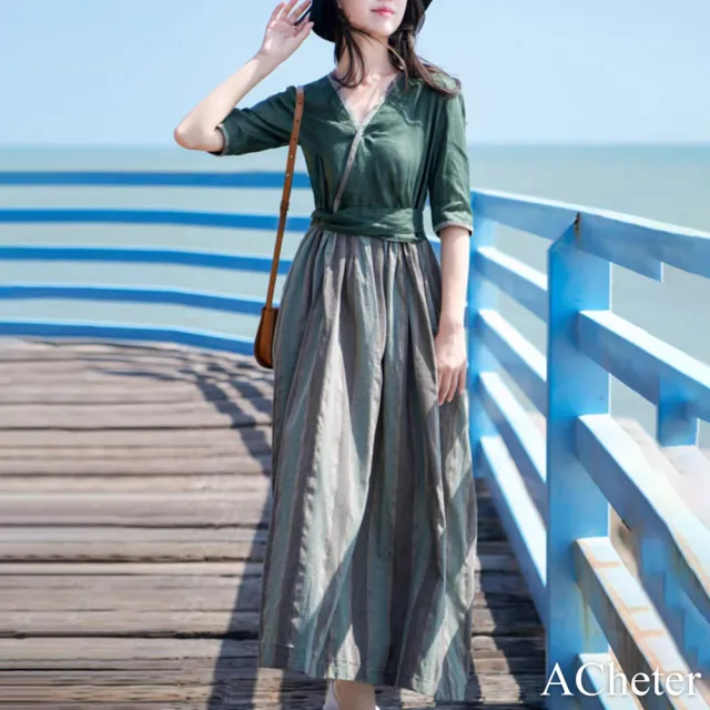 【ACheter】漢服改良連身裙復古文藝棉麻短袖減齡氣質顯瘦長裙洋裝#119059(綠)