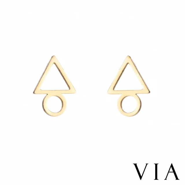 【VIA】白鋼耳釘 三角耳釘/符號系列 縷空線條幾何三角圈圈造型白鋼耳釘(金色)