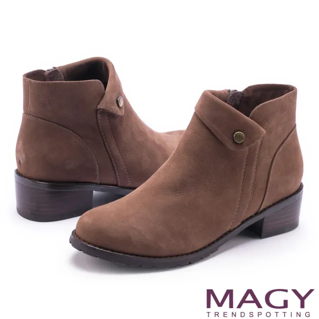 【MAGY】簡約時髦 復古反折鉚釘牛皮短靴(棕色)