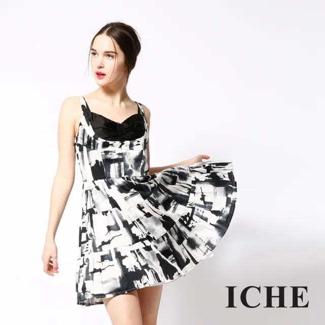 【ICHE 衣哲】水墨印花馬甲式拼接造型洋裝