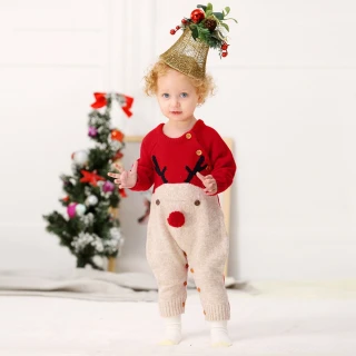 【Kori Deer 可莉鹿】保暖聖誕麋鹿毛線針織長袖連身衣(秋冬寶寶嬰兒包屁衣)