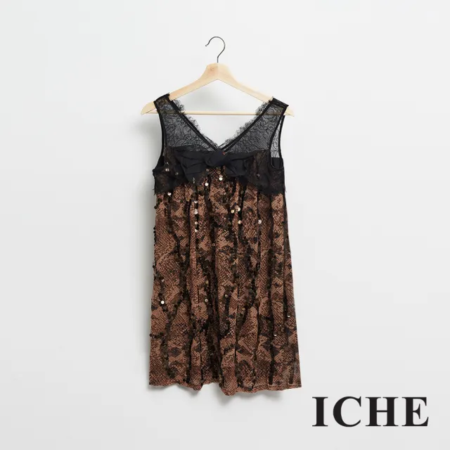 【ICHE 衣哲】蝴蝶結動物紋印花拼接蕾絲造型洋裝