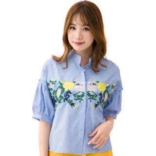 【lingling】全開釦繡花設計襯衫短袖上衣PA3730(時尚藍條)